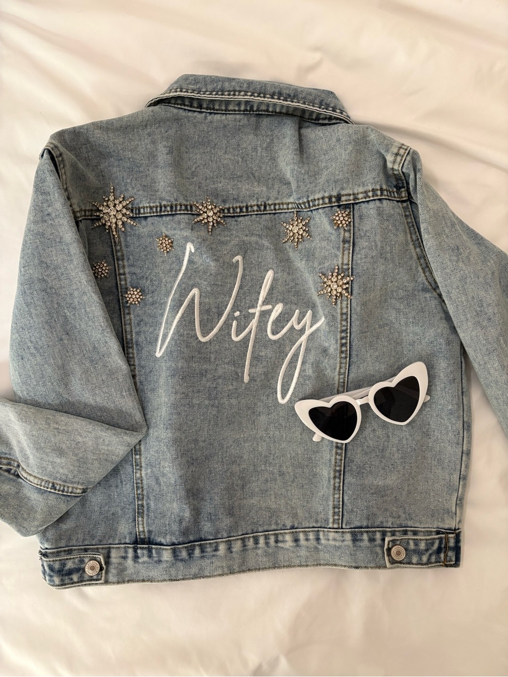 Embellished 'Wifey' Light Wash Denim Jacket